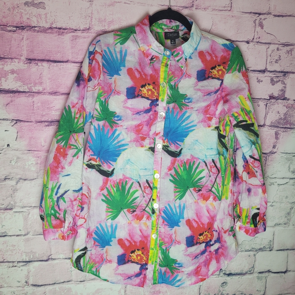 TOOFAN 100% COTTON FLORAL WATERCOLOR PRINT ART TO WEAR BUTTON FRONT BLOUSE SMALL - Picture 1 of 14